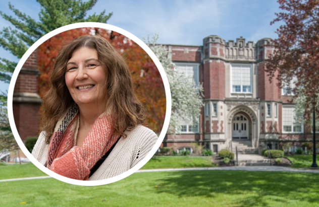 Aigler Alumni building (an ornate brick building) with Dr. Ginny Gregg's headshot imposed.